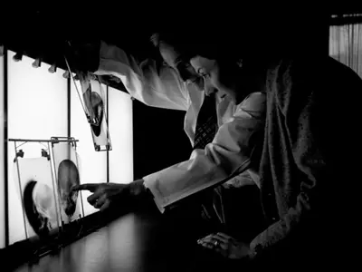 The 100,000 patient to be scanned by X-Ray machine at Sarnia General Hospital, November 21, 1957. Photo from the Sarnia Observer Negative Collection. 
