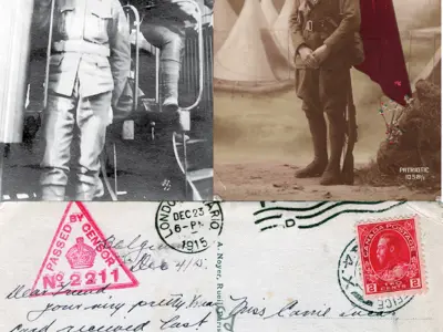 Black and white photos of WW1 vets with a postcard.