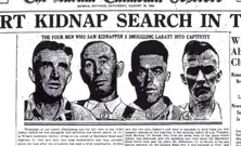 A black-and-white newspaper clipping featuring a photo of John S. Labatt, a wealthy London brewer, above a headline reporting his kidnapping and $150,000 ransom demand, with Hugh Labatt awaiting contact from the abductors in a Toronto hotel.