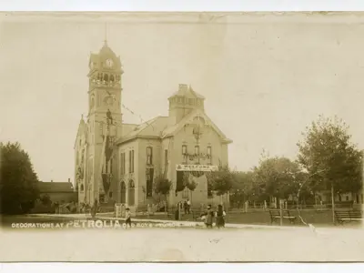 Postcard of Victoria Hall in Petrolia