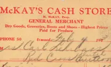 A handwritten 1940s receipt from McKay's Cash Store in Inwood, listing grocery items and prices for the Red Cross, stamped "PAID" in purple ink.