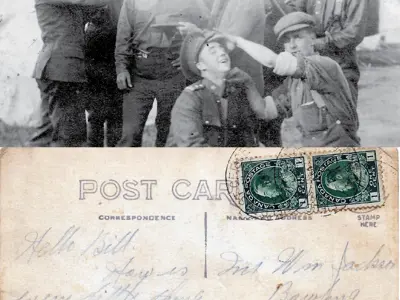 Black and white post card with five men in war uniforms from 1910s