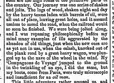 A newspaper excerpt recounts a bumpy journey over damaged roads, where the narrator is jolted from a carriage into the mud by a heavy wagon, humorously noting that their fashionable Parisian boots were unfit for such rugged travel.